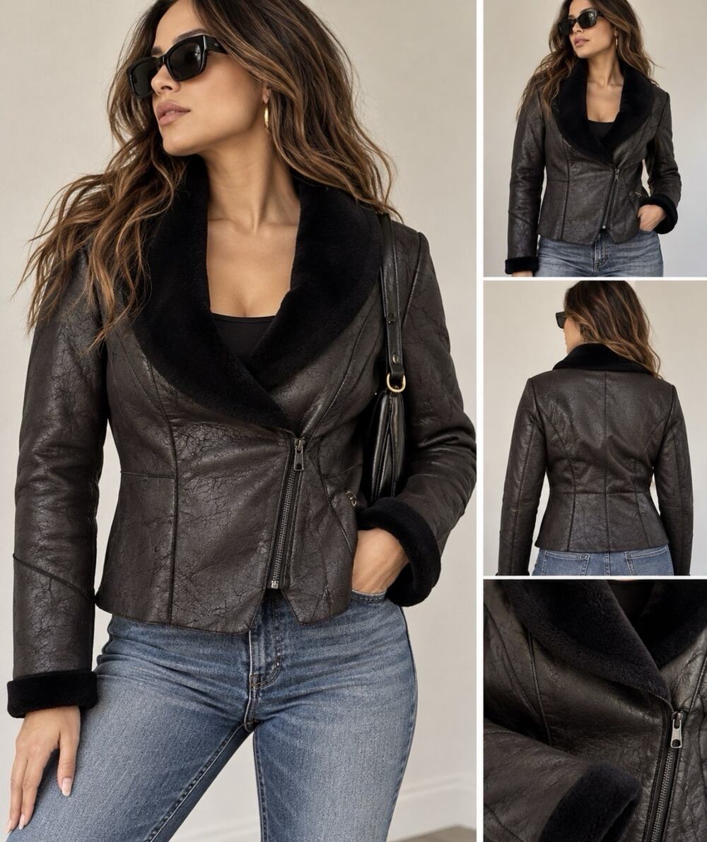 White House Black Market Asymmetrical Zip LS Shearling Moto Blazer Jacket XS